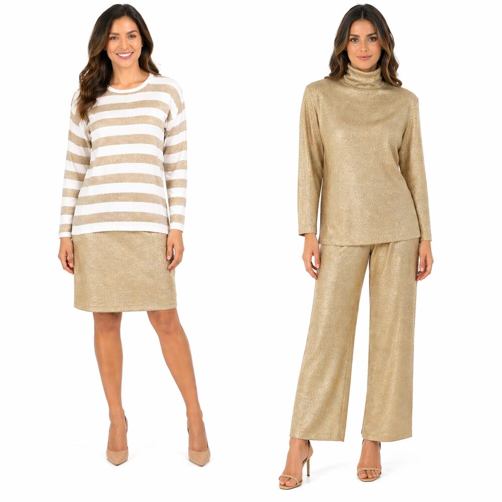 Vintage 90s Gold Metallic Knit Set Size Small Mix Match 4 Piece Top Pants Skirt
